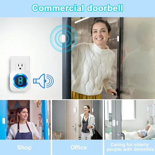 Vista 6 de SURFOU Timbre inalámbrico con sensor de puerta, alerta de apertura de puerta impermeable con rango de 1000 pies, 55 tonos de llamada, alarma de 110