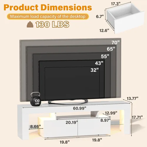 Vista 2 de YESHOMY Moderno soporte de TV LED para sala de estar con estantes de vidrio y cajón, centro de entretenimiento para dormitorio con múltiples modos