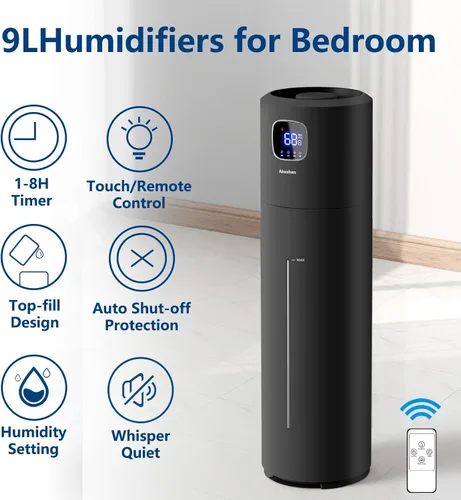 Vista 2 de Akeshan Humidificadores Grandes para Dormitorio, 9L/2.5Gal Ultrasónico de Niebla Fría, Relleno Superior Fácil de Limpiar con Velocidad de Niebla