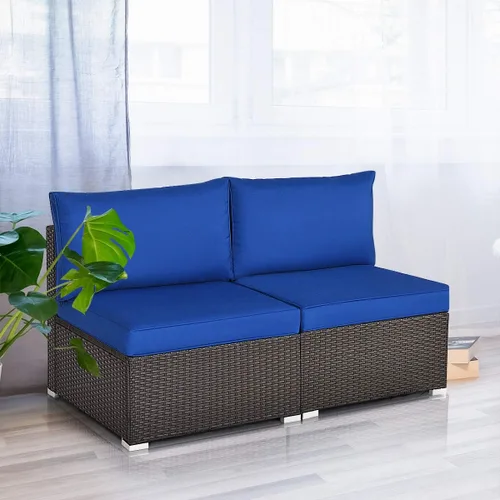 Vista 4 de Tangkula Juego de 2 sofás de mimbre para exteriores, sin brazos, juego de sofá modular de ratán para patio con 2 cojines de asiento gruesos y 2