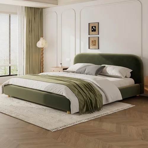 Vista 15 de Merax Cama de plataforma tapizada de tela Boucle tamaño Queen con cabecera curvada, marco de cama de madera moderno con patas cilíndricas para Crema