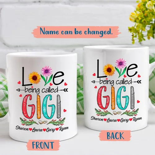 Vista 2 de Love Being Called Gigi Tazas de té y café – Tazas de cerámica Gigi personalizadas – Regalo para nietos – Tazas de flores – Cerámica blanca de 11 oz