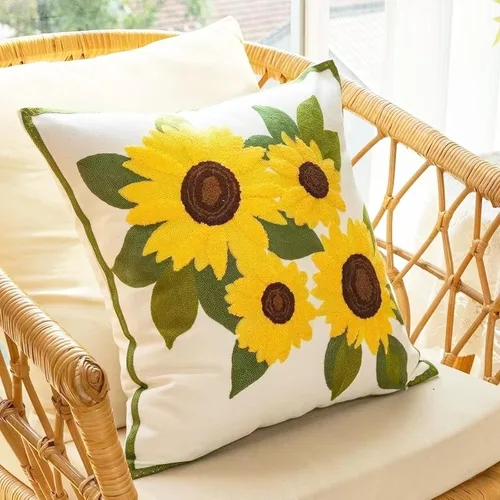 Vista 7 de Fundas de almohada bordadas, 4 girasoles de 18 x 18 pulgadas, diseño floral, 100% algodón, decoración del hogar, flores amarillas, 17.7 x 17.7 in, 1