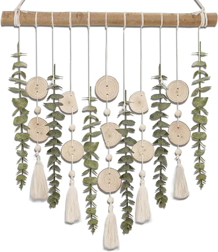 Vista 11 de Decoración de pared de eucalipto artificial con bola de mimbre, decoración bohemia natural para el hogar, guirnalda de cuentas de madera colgante