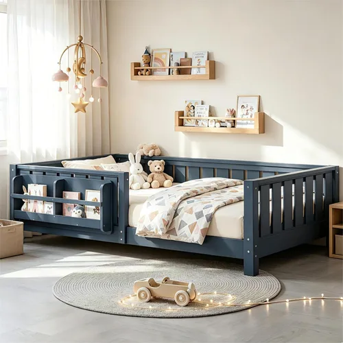 Vista 26 de Marco de cama Montessori Twin con estantería y barandillas, color beige