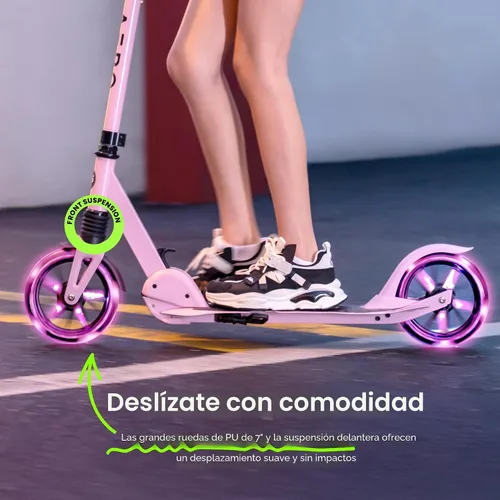 Vista 3 de AERO MOBILITY Patinete para niños de 6 años, adolescentes y adultos Ruedas iluminadas, freno de mano, alfombrilla de goma y absorción de impactos