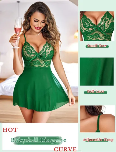 Vista 2 de Avidlove - Lencería de encaje para mujer, baby doll con tirantes tipo halter y cuello en V, ropa de dormir