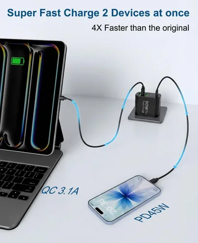 Vista 4 de Bloque de cargador USB C GaN de 90 W, cargador de pared USB C de 6 puertos de carga rápida, adaptador de corriente PD de 45 W para iPhone 17Pro
