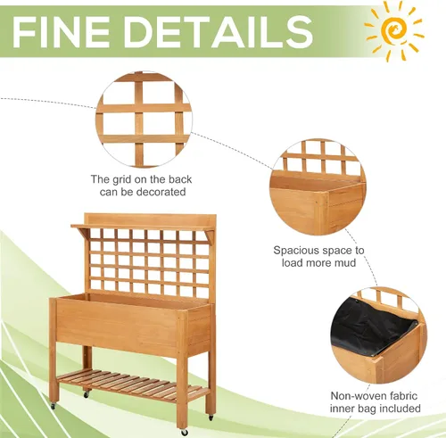 Vista 6 de Outsunny Cama de jardín elevada de 41 pulgadas con enrejado sobre ruedas, maceta elevada de madera con patas y forro de cama, para flores, hierbas