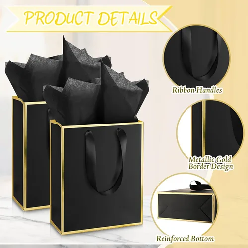 Vista 3 de Yeaqee Paquete de 24 bolsas de regalo de papel metálico con asa y tejido de 9 x 7 x 3.1 pulgadas, papel de aluminio dorado, bolsas de agradecimiento