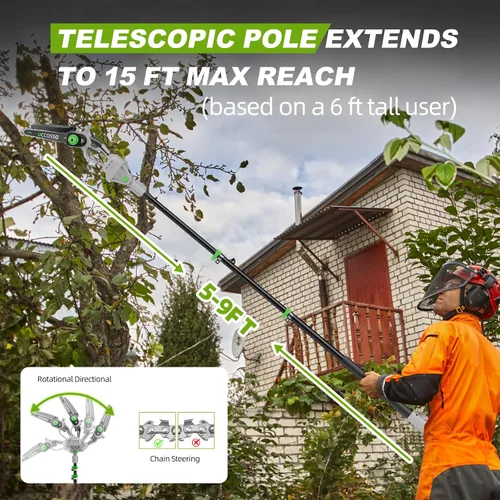 Vista 3 de Sierras de poste eléctricas 3 en 1 para poda de árboles, mini motosierra inalámbrica de 6 y 8 pulgadas con poste de extensión, motor sin escobillas