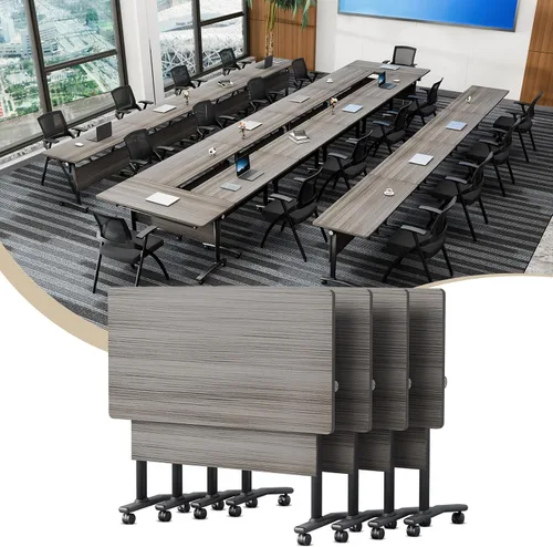 Vista 32 de Mesa de conferencias plegable con ruedas, mesa modular para sala de conferencias con 2 ojales para cables, mesas móviles de sala de reuniones