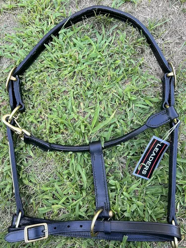 Vista 7 de Leaders - Cabestro de cuero para caballos con placa de nombre grabada personalizada, cabestro para caballo, negro/latón