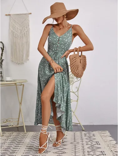 Vista 5 de BROVAVE - Vestido de verano 2023 para mujer, diseño informal, bohemio, con lunares, tirantes delgados, cuello en V, holgado y de largo por debajo