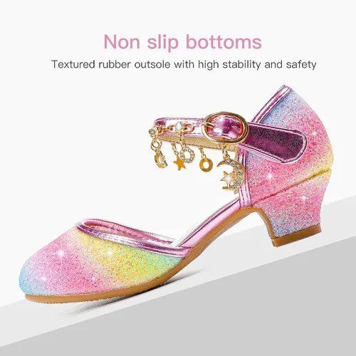 Vista 7 de Furdeour Zapatos de vestir para niñas, zapatos de princesa con tacón alto de cristal, puntera cerrada, fiesta, boda, flores, zapatos para niñas
