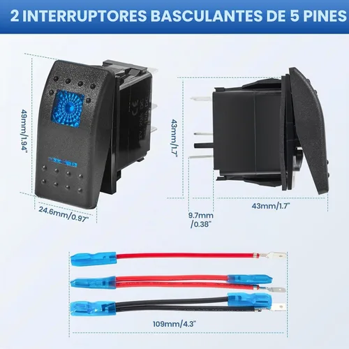 Vista 2 de Anina 2 piezas de interruptores basculantes de 5 pines SPST 20A/12V 10A/24V ENCENDIDO/APAGADO con 2 juegos de cables puente, interruptor basculante
