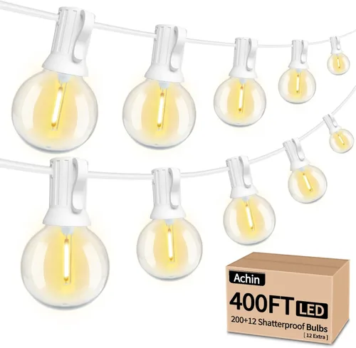 Vista 10 de Achin 50FT Solar String Lights Outdoor with 32 LED Bulbs 1.5FT Bulbs Spacing,Patio String Lights Whith Remote, IP65 Waterproof, 3600mAm Battery