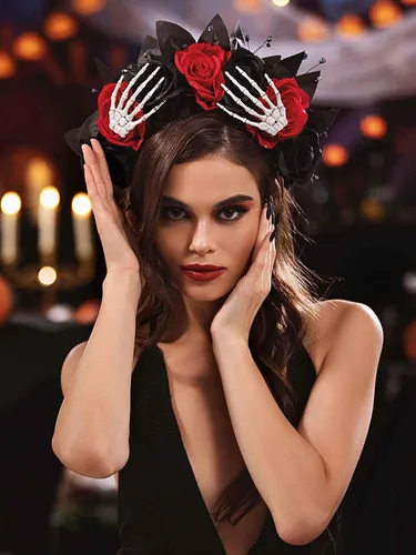 Vista 7 de Woeoe Diadema de Halloween FLower para el Día de los Muertos, diseño floral, araña, murciélago, fiesta, tocado para mujeres y niñas