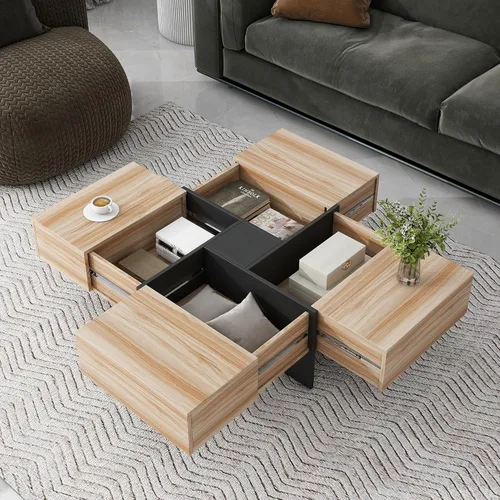 Vista 3 de Merax Mesa auxiliar, moderna mesa de centro extensible con 4 compartimentos de almacenamiento ocultos, mesa de cóctel central cuadrada de alto