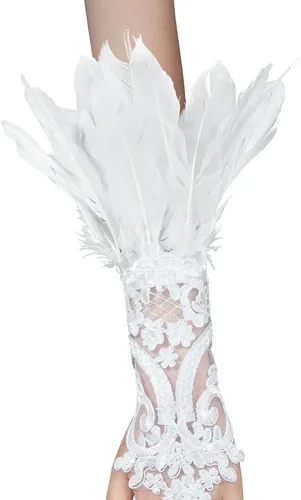 Vista 4 de Komorebi Guantes largos de encaje con plumas de Halloween para mujer, guantes de encaje para disfraz de bruja, guantes de codo de malla