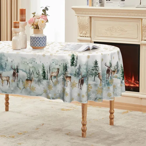 Vista 8 de Horaldaily Mantel de Navidad redondo de 60 x 60 pulgadas, ciervos nevados dorados, cubierta de mesa lavable para decoración de fiestas, pícnic, cenas