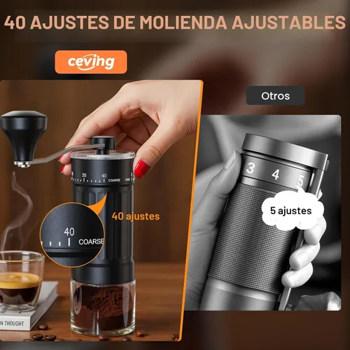 Vista 2 de Mini molinillo de café manual con 40 configuraciones ajustables, molinillo de granos de café portátil de mano con capacidad de 30g, molinillo