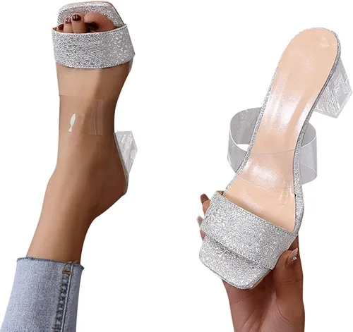 Vista 5 de Women Sandals Ladies Shoes Summer Slip On Transparent Glitter Crystal Chunky Heel Sandals Zapatos de gimnasio mujeres