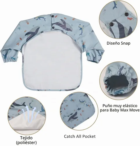Vista 5 de Baberos de manga larga para bebés, impermeables, con bolsillo para atrapar alimentos para alimentar, comer Azul