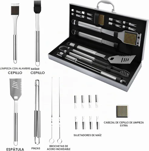 Vista 4 de Home-Complete Juego de 18 piezas de parrilla para barbacoa, kit de herramientas de barbacoa de acero inoxidable de 16 piezas con estuche de aluminio
