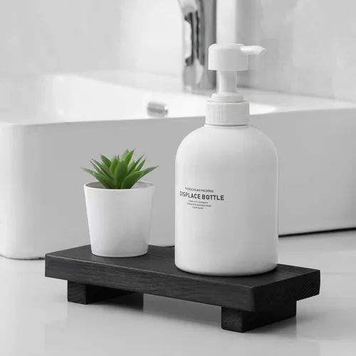 Vista 2 de Organizador de encimera de baño, soporte de pedestal de madera, bandeja decorativa de estilo granja, portajabones para decoración de cocina, Negro