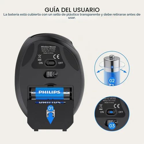 Vista 8 de PHILIPS SPK7628 Ratón ergonómico - Ratón inalámbrico con 3 DPI ajustables 2.4 GHz Vertical Mouse for Laptop and Desktop,6 Silent Buttons Quiet