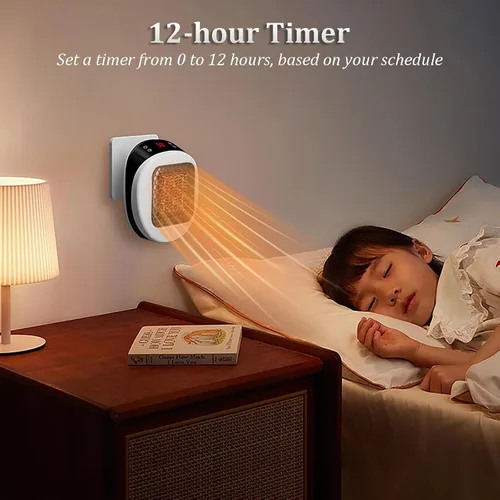 Vista 5 de Calentador de espacio pequeño de 600 W, mini calentador de pared remoto, temporizador de 12 horas, pantalla LED y apagado automático de seguridad