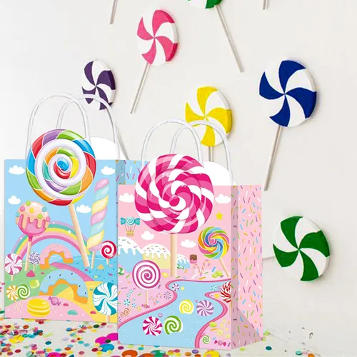 Vista 6 de C L cooper life 12 bolsas de regalo de fiesta de Candyland con asas, bolsas de regalo para fiestas temáticas de piruletas, suministros para fiesta