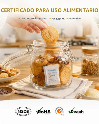 Vista 2 de Wisedry 5 Gram [60 Paquetes] Bolsas de Gel de Sílice de Grado Alimentario Recargables Deshumidificadores Desecantes con Cuentas Indicadoras