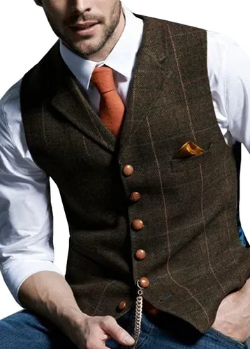 Vista 6 de Chalecos formales de tweed para hombre, chaleco a cuadros para boda, vintage, de lana, espiga retro