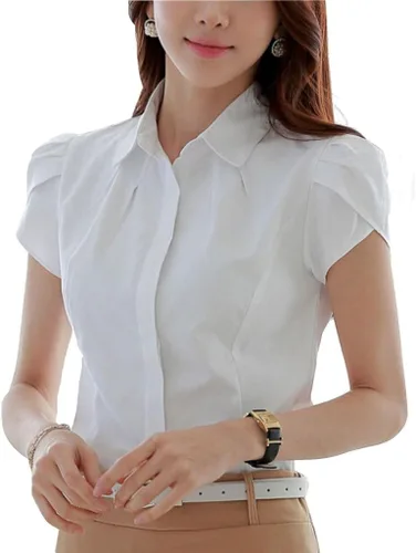 Vista 8 de Blusa de algodón con cuello para mujer de negocios casual con botones tipo polo manga tulipán