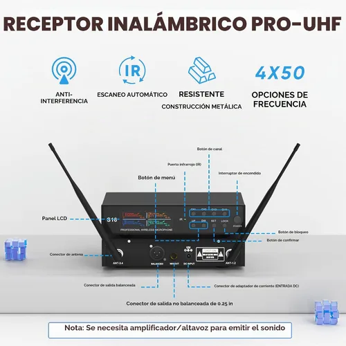 Vista 2 de Sistema de micrófono inalámbrico de solapa con auriculares y micrófonos Lavalier, juego de micrófonos UHF Pro de 4 canales con transmisor de paquete