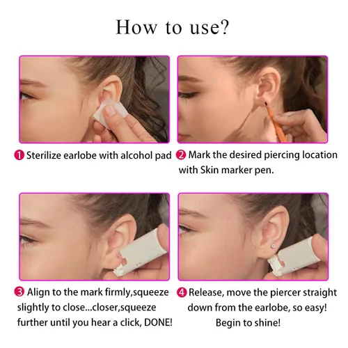 Vista 8 de Firstomato Juego de 2 piercings desechables para la oreja, pistola de perforación de oreja, kit de perforación de cartílago con aretes oro de 24