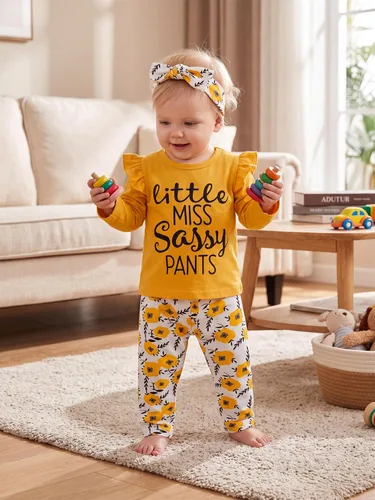 Vista 5 de KuKitty Conjunto de 3 piezas de ropa de bebé niña de manga larga con letras y pantalones casuales y diadema Amarillo