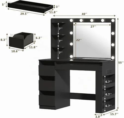 Vista 2 de HUAHUU Escritorio de tocador con espejo iluminado y parte superior transparente, escritorio de tocador de maquillaje con 4 cajones transparentes e