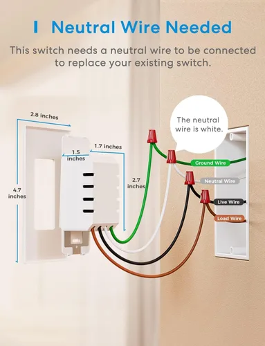 Vista 4 de meross Interruptor de luz inteligente compatible con Apple HomeKit, Siri, Alexa, Google Assistant y SmartThings, interruptor de luz Wi-Fi de 2.4