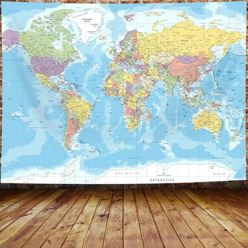 Vista 12 de ICTEISOM Tapiz de mapa del mundo para niños estudiantes, mapa del mundo con países y ciudades principales, tapiz de arte de pared póster tapices