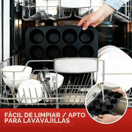 Vista 7 de Molde de silicona para muffins para hornear: Molde para muffins de 12 cavidades con marco reforzado de metal, moldes de tamaño regular para cupcakes