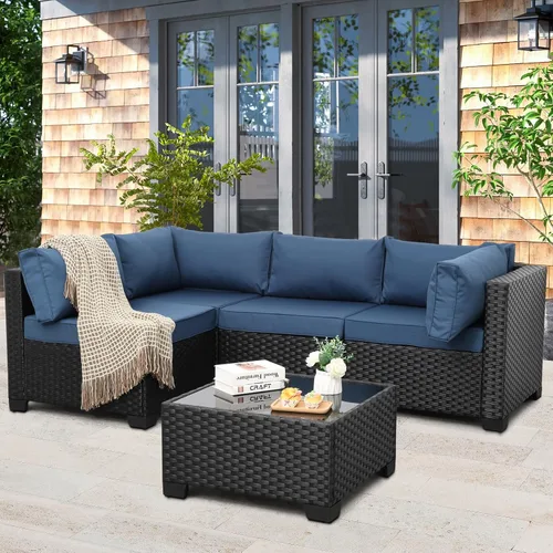 Vista 10 de WAROOM - Juego de muebles de patio de 5 piezas para exteriores, conjunto seccional de sofá de conversación de mimbre de polietileno tipo ratán