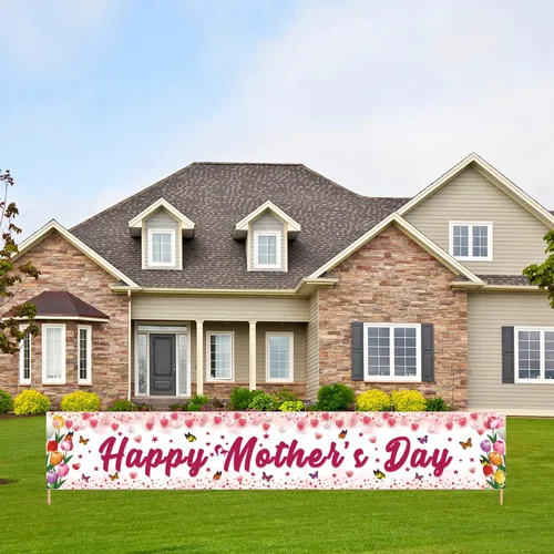 Vista 5 de Decoraciones para el día de la madre, pancarta de feliz día de la madre, tamaño grande, diseño floral rosa con mariposas, decoración para el día