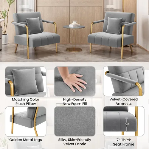 Vista 6 de Yaheetech Silla de Acento de Terciopelo de 30" de Ancho Sillón Grande con Marco Dorado y Almohada Cómoda para Sala de Estar, Dormitorio, Oficina