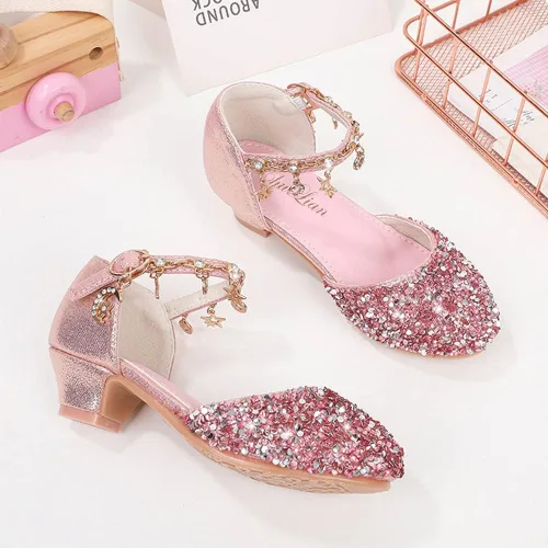 Vista 3 de ChuLian Sandalias para niñas con purpurina para niños, zapatos de vestir de tacón bajo con lentejuelas, sandalias de princesa para niñas pequeñas