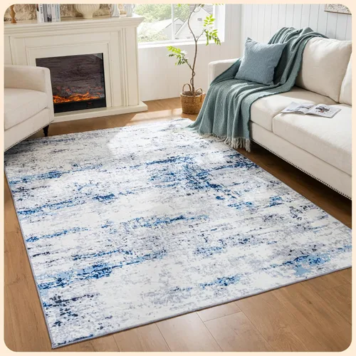 Vista 345 de Istana Alfombra larga antideslizante de 2.5 x 8 para el hogar, para pasillo y cocina, lavable, sedosa y suave al tacto, elegante, color azul y marfil