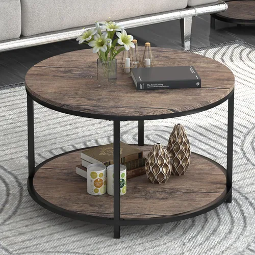 Vista 13 de NSdirect Mesa auxiliar redonda de 32 pulgadas para sala de estar, mesa central de madera maciza de 2 niveles para decoración del hogar con estante