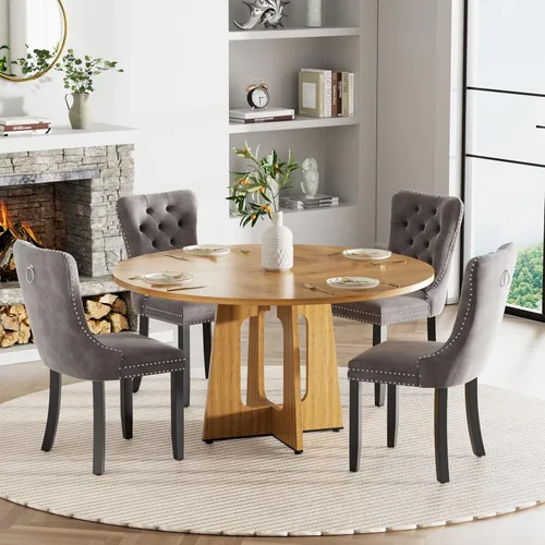 Vista 30 de Mesa de comedor redonda estilo granja para 6, mesa de cocina circular de 47" MDF con acabado de grano de madera, mesa de cocina y comedor de madera
